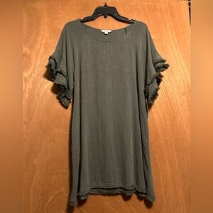 Remixmess Women’s New Dress Tunic fringe trim Linen/Rayon M Olive Side Pockets